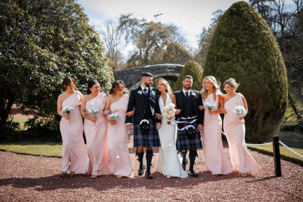 Bride and groom walking with their wedding party in the gardens at Brig o’ Doon in Alloway, surrounded by bridesmaids in blush pink dresses and groomsmen in traditional Scottish kilts, with the historic stone bridge in the background.