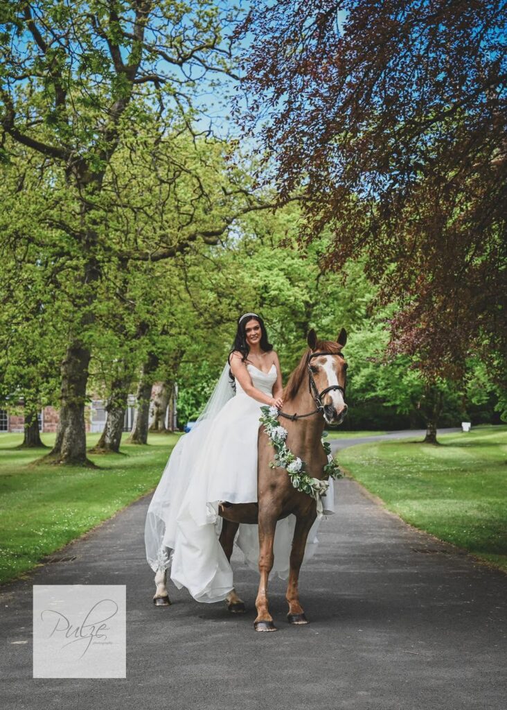 Bride in a flowing white wedding dress riding a flower-adorned horse along a tree-lined driveway, creating a romantic outdoor wedding portrait.