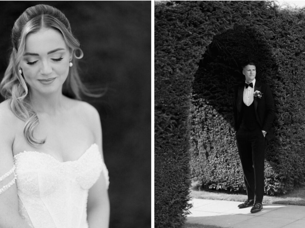 Black-and-white wedding portrait collage featuring the bride in her wedding dress and the groom in a tuxedo, posed separately in elegant garden settings.