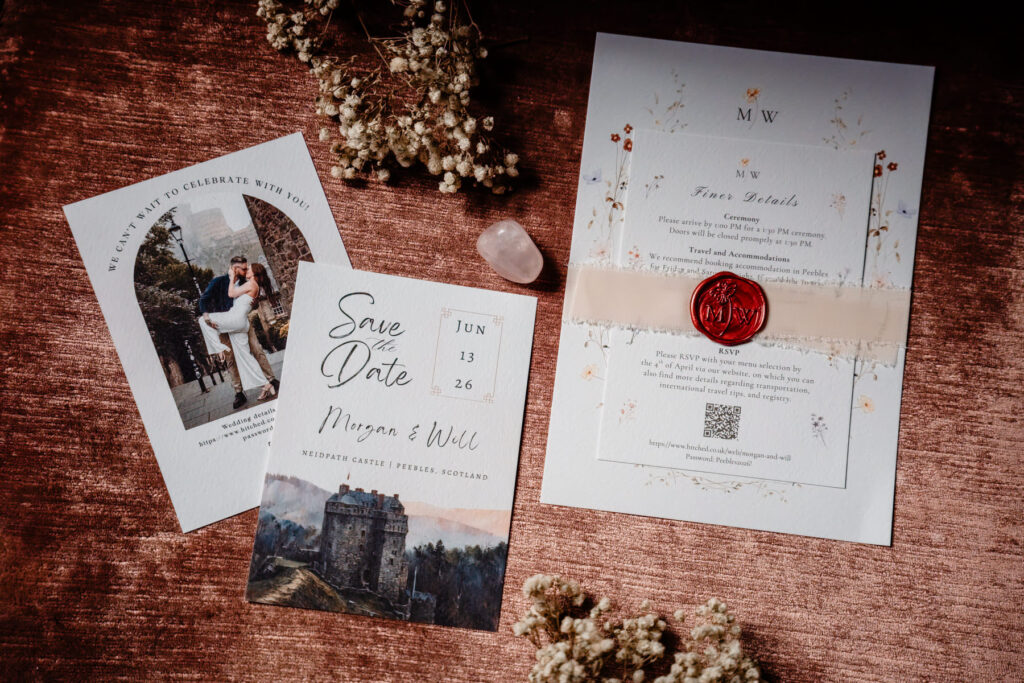 Morgan and Will wedding invitations and save-the-date cards for a Neidpath Castle wedding in Peebles, Scotland