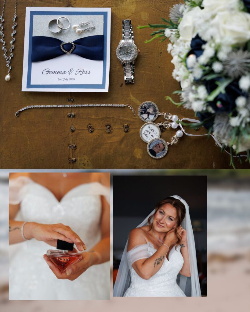 Wedding details featuring Gemma and Ross's rings, jewellery, watch, blue and white bouquet, perfume, and bridal portrait.